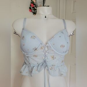 Floral Lace-Up Blue Bralette